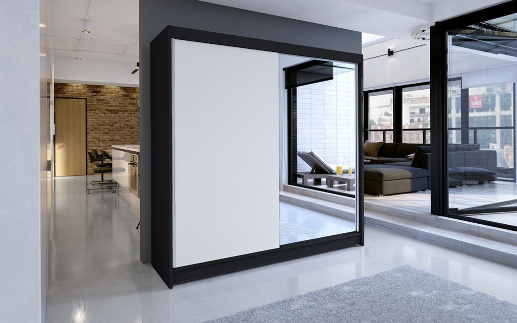 Armoire de chambre à coucher noir 2 portes coulissantes 1 blanche et 1 miroir Masso 180 cm - Photo n°2