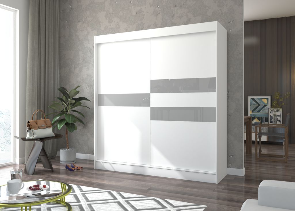 Armoire de chambre à portes coulissantes bois blanc mat et gris laqué Korza - 3 tailles - Photo n°9