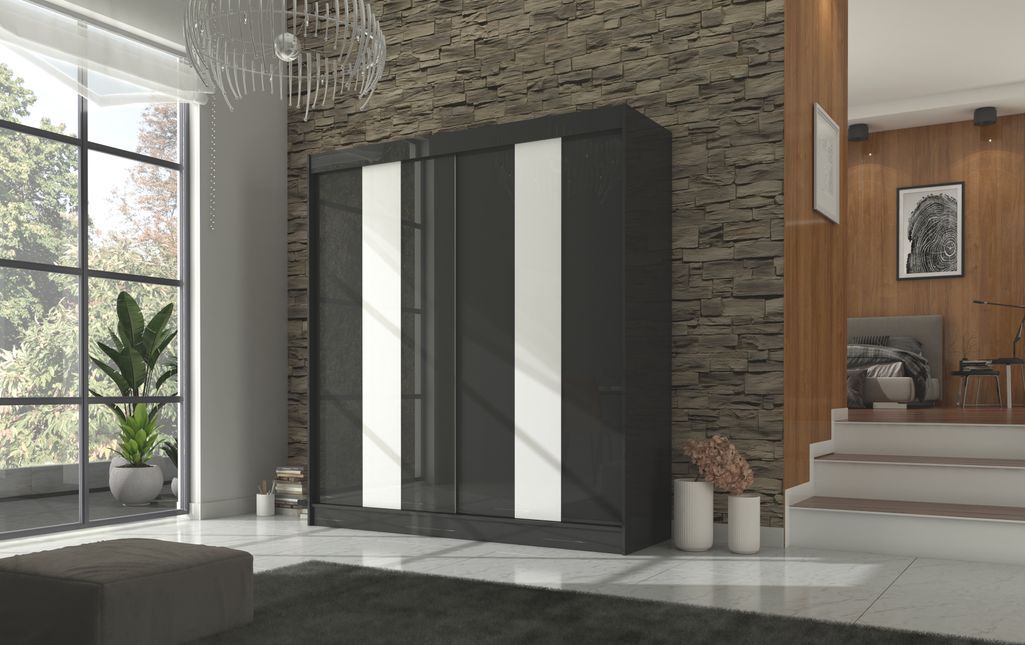 Armoire de chambre à portes coulissantes bois noir mat et blanc laqué Karola - 3 tailles - Photo n°6