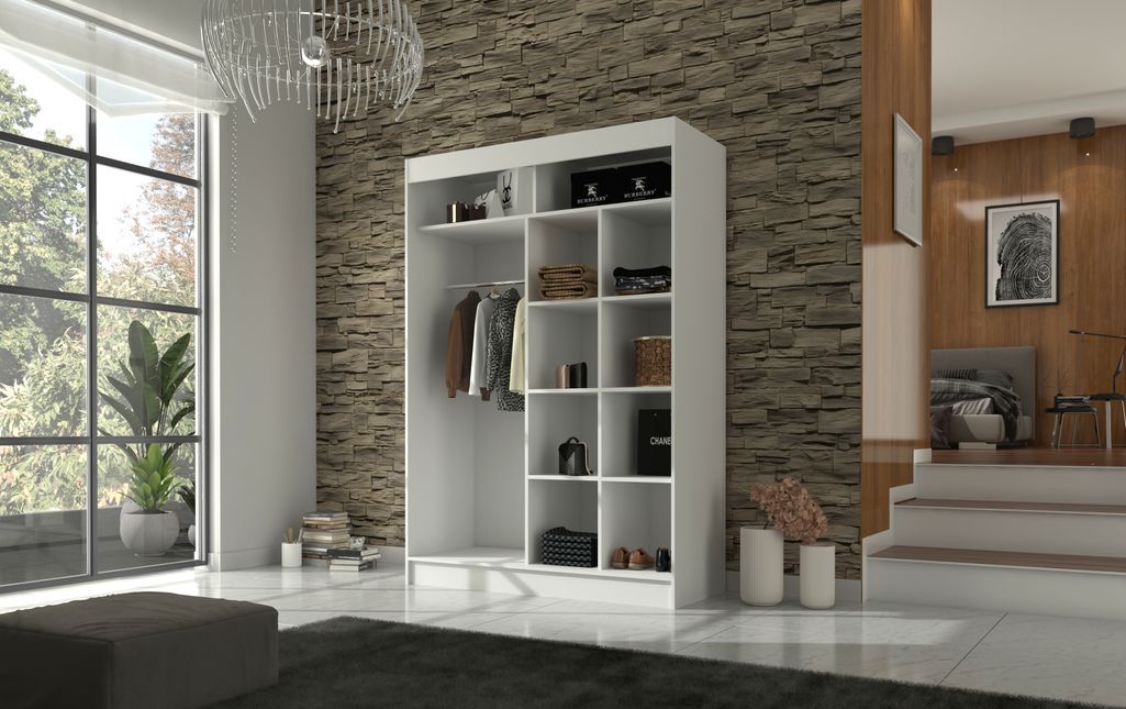 Armoire de chambre à portes coulissantes bois clair mat et blanc laqué Karola - 3 tailles - Photo n°5