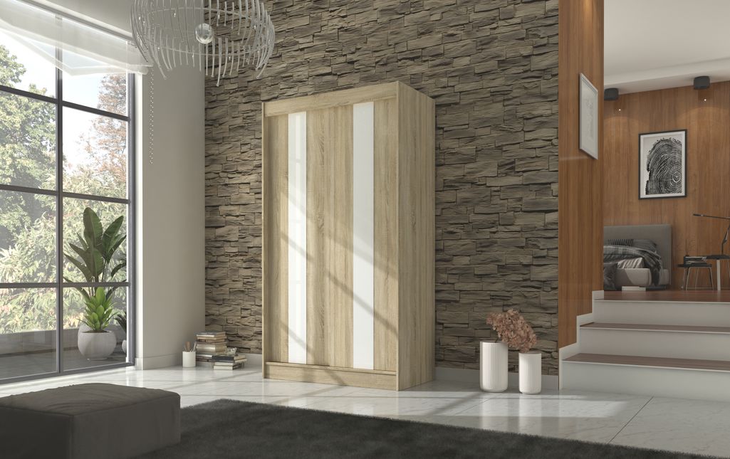 Armoire de chambre à portes coulissantes bois clair mat et blanc laqué Karola - 3 tailles - Photo n°10