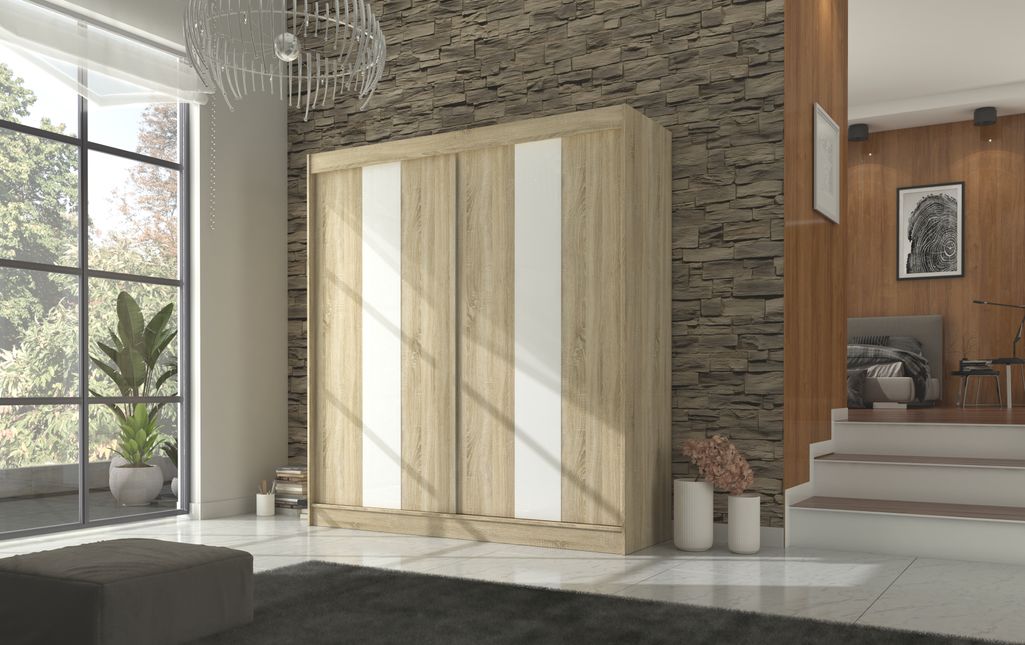 Armoire de chambre à portes coulissantes bois clair mat et blanc laqué Karola - 3 tailles - Photo n°12