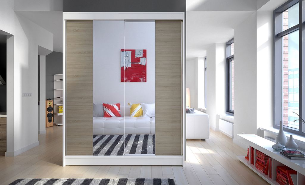 Armoire de chambre blanche 2 portes coulissantes bois clair et miroir Zomka 150 cm - Photo n°3