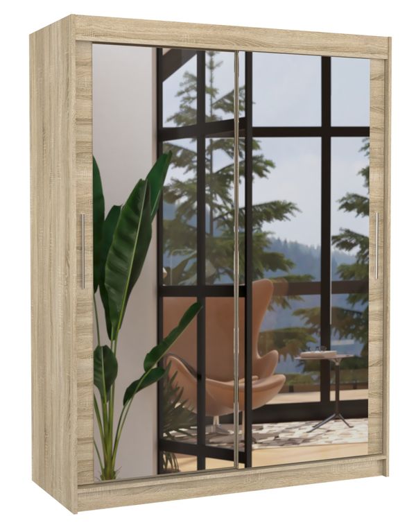 Armoire de chambre bois clair 2 portes coulissantes avec miroir Prima 150 cm - Photo n°1