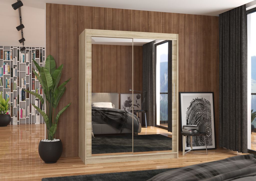 Armoire de chambre bois clair 2 portes coulissantes avec miroir Prima 150 cm - Photo n°2
