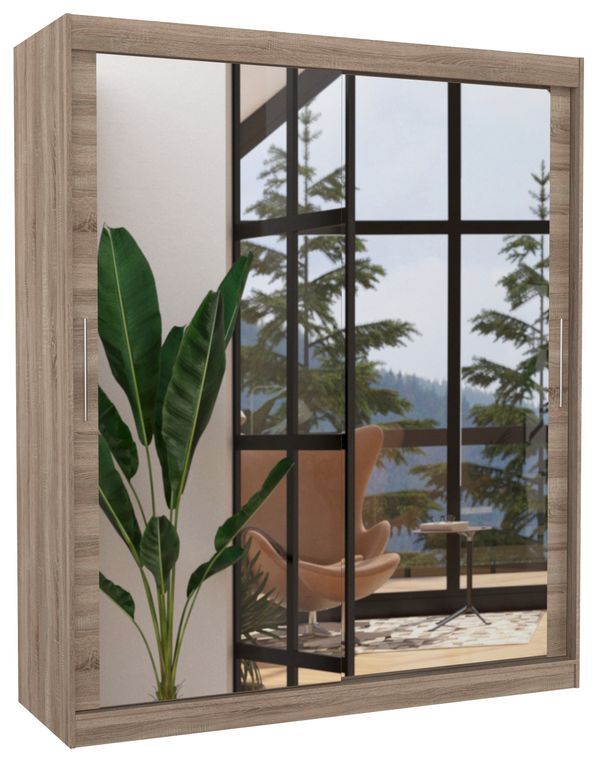 Armoire de chambre bois truffe 2 portes coulissantes avec miroir Toraz 180 cm - Photo n°1