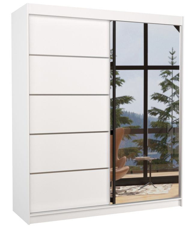 Armoire de chambre design blanche 2 portes coulissantes bois blanc et alu avec miroir Karena 180 cm - Photo n°1