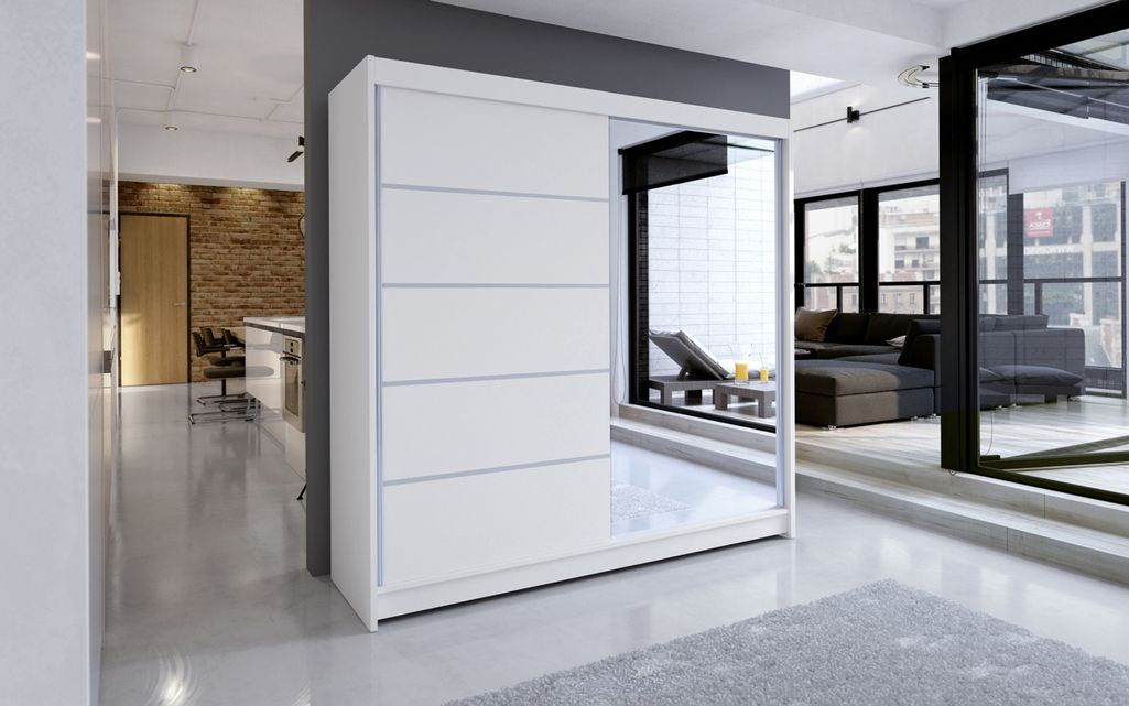 Armoire de chambre design blanche 2 portes coulissantes bois blanc et alu avec miroir Karena 180 cm - Photo n°2