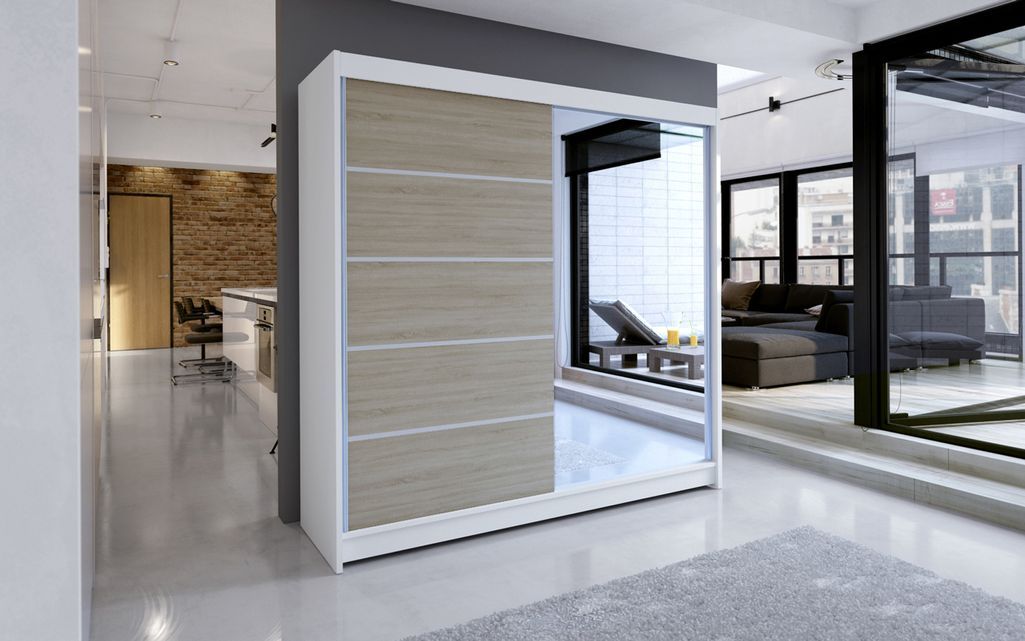Armoire de chambre design blanche 2 portes coulissantes bois clair et alu avec miroir Karena 180 cm - Photo n°3