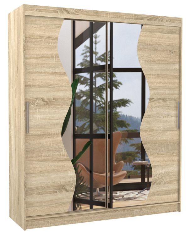 Armoire de chambre moderne bois clair 2 portes coulissantes avec miroir Voky 180 cm - Photo n°1