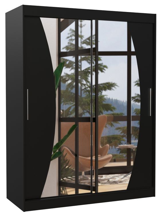 Armoire de chambre noir 2 portes coulissantes avec miroir Modela 150 cm - Photo n°1
