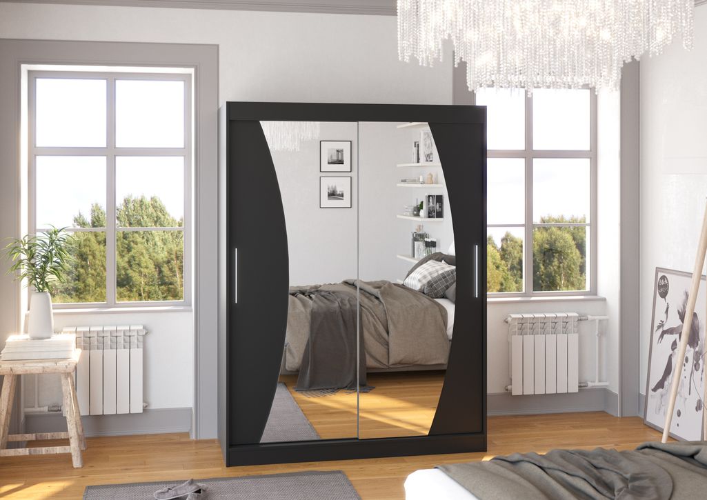 Armoire de chambre noir 2 portes coulissantes avec miroir Modela 150 cm - Photo n°2