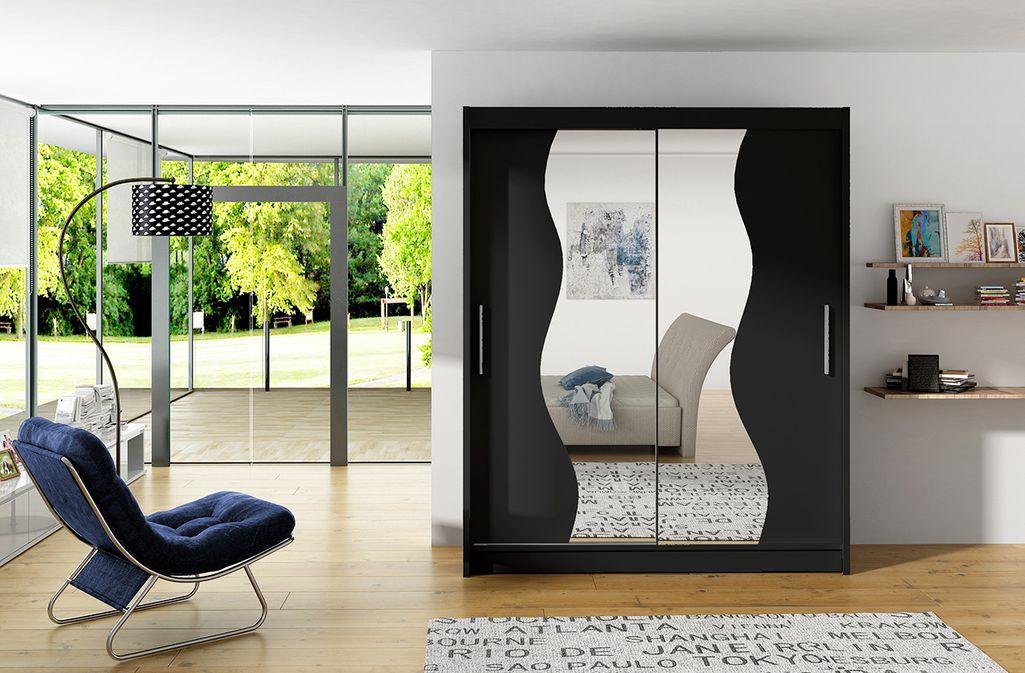 Armoire de chambre noir 2 portes coulissantes avec miroir Renka 150 cm - Photo n°2