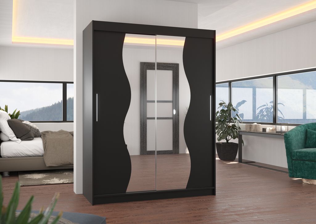 Armoire de chambre noir 2 portes coulissantes avec miroir Renka 150 cm - Photo n°3