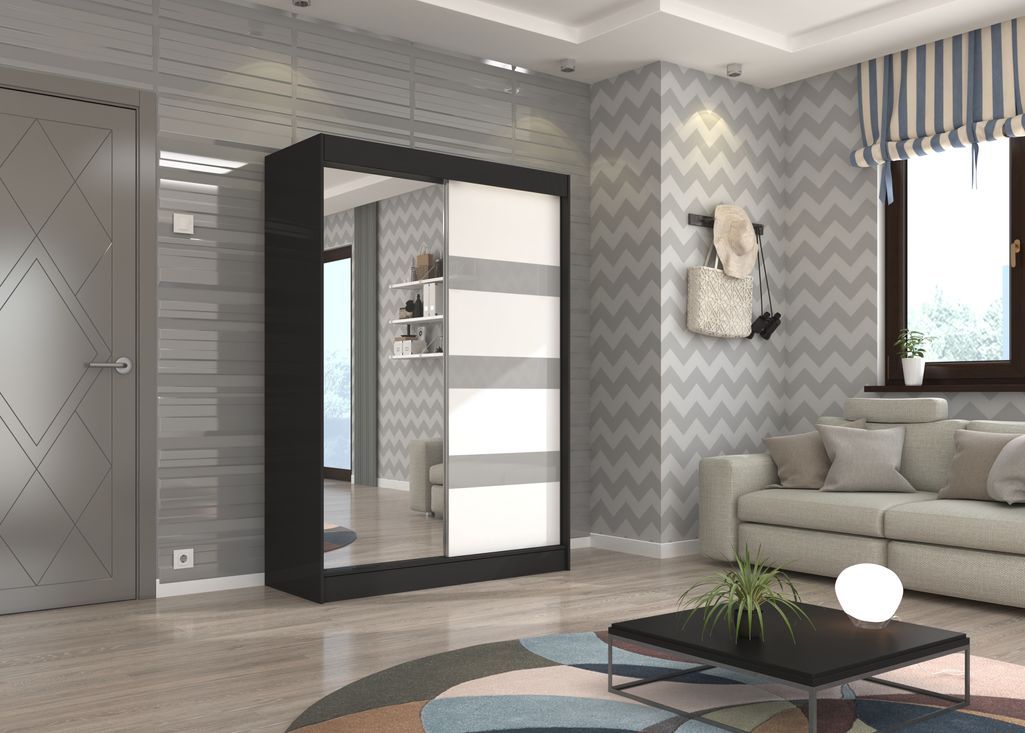 Armoire de chambre noire 1 porte blanche et grise laquée 1 porte miroir Voka - 3 tailles - Photo n°5