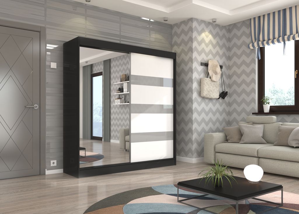 Armoire de chambre noire 1 porte blanche et grise laquée 1 porte miroir Voka - 3 tailles - Photo n°6