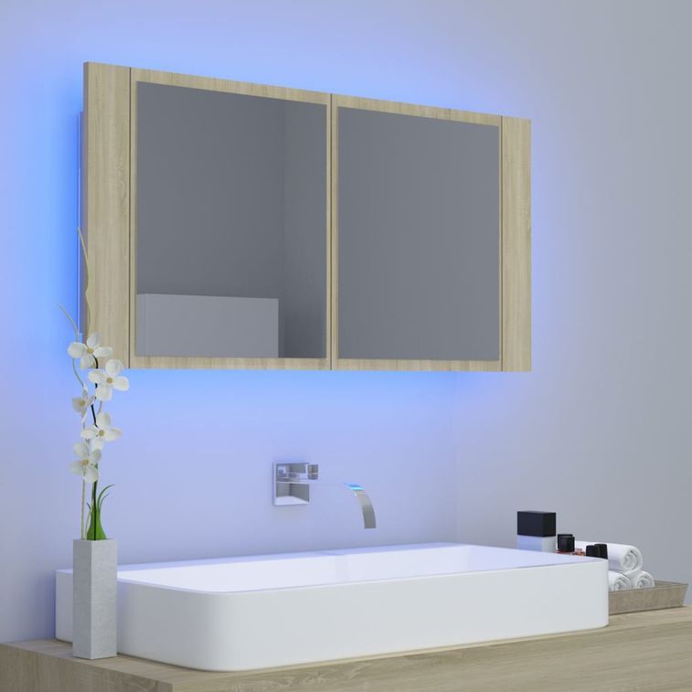 Armoire de salle de bain à miroir à LED Chêne sonoma 90x12x45cm - Photo n°3