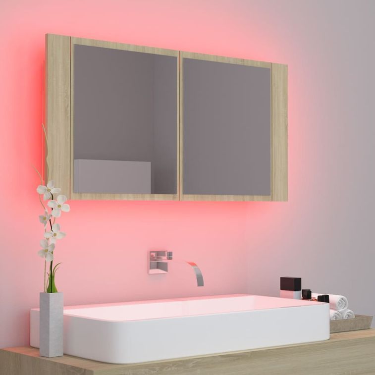 Armoire de salle de bain à miroir à LED Chêne sonoma 90x12x45cm - Photo n°4