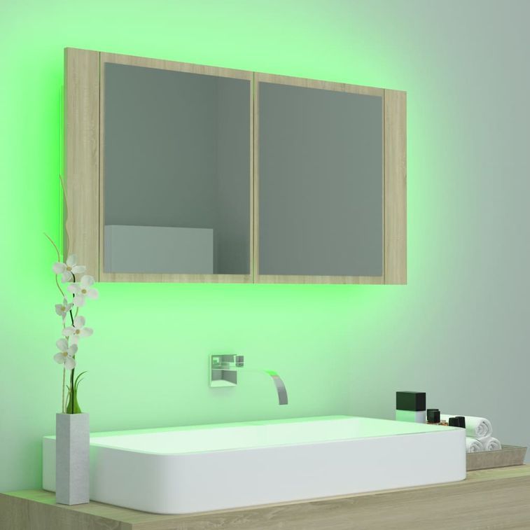 Armoire de salle de bain à miroir à LED Chêne sonoma 90x12x45cm - Photo n°5