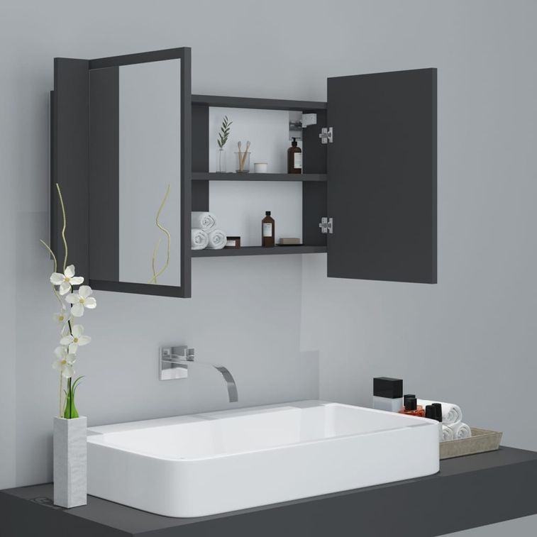 Armoire de salle de bain à miroir à LED Gris 80x12x45 cm - Photo n°7
