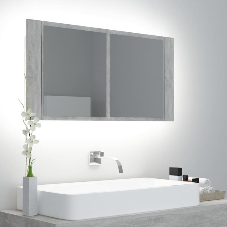 Armoire de salle de bain à miroir à LED Gris béton 90x12x45 cm - Photo n°3