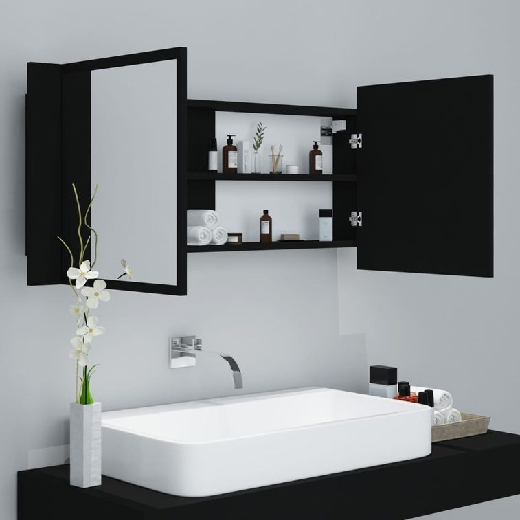 Armoire de salle de bain à miroir à LED Noir 100x12x45 cm - Photo n°4