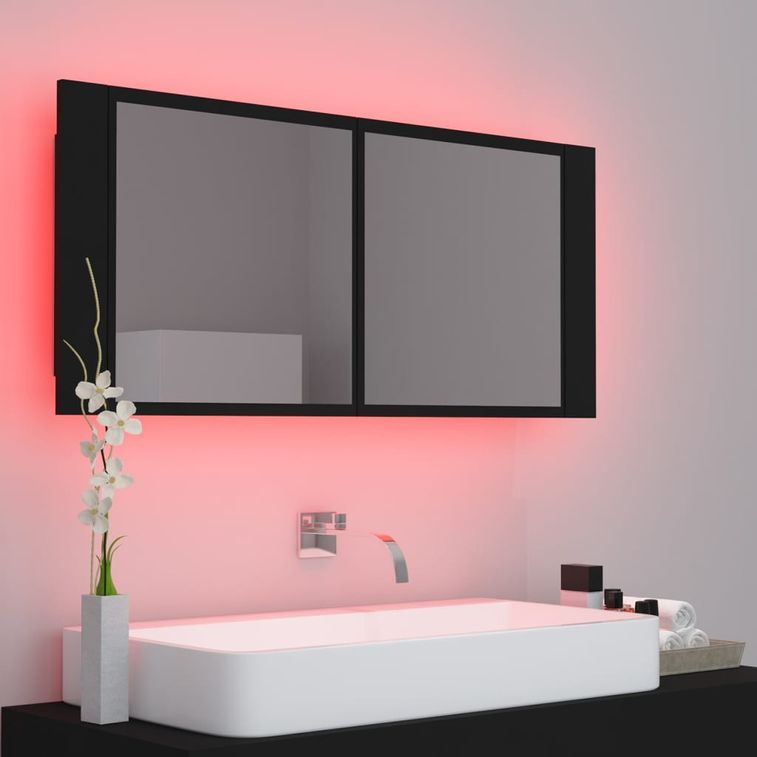 Armoire de salle de bain à miroir à LED Noir 100x12x45 cm - Photo n°7