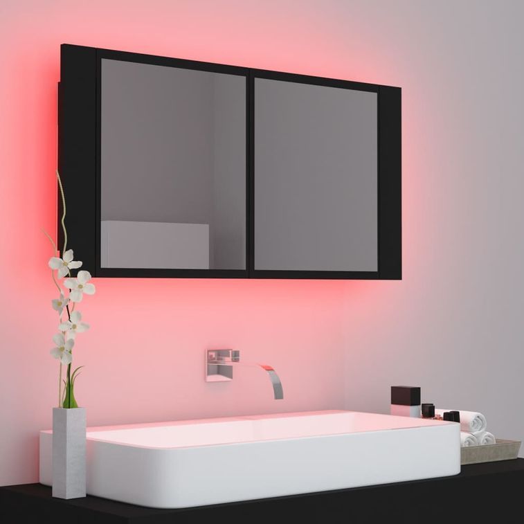 Armoire de salle de bain à miroir à LED Noir 90x12x45 cm - Photo n°6