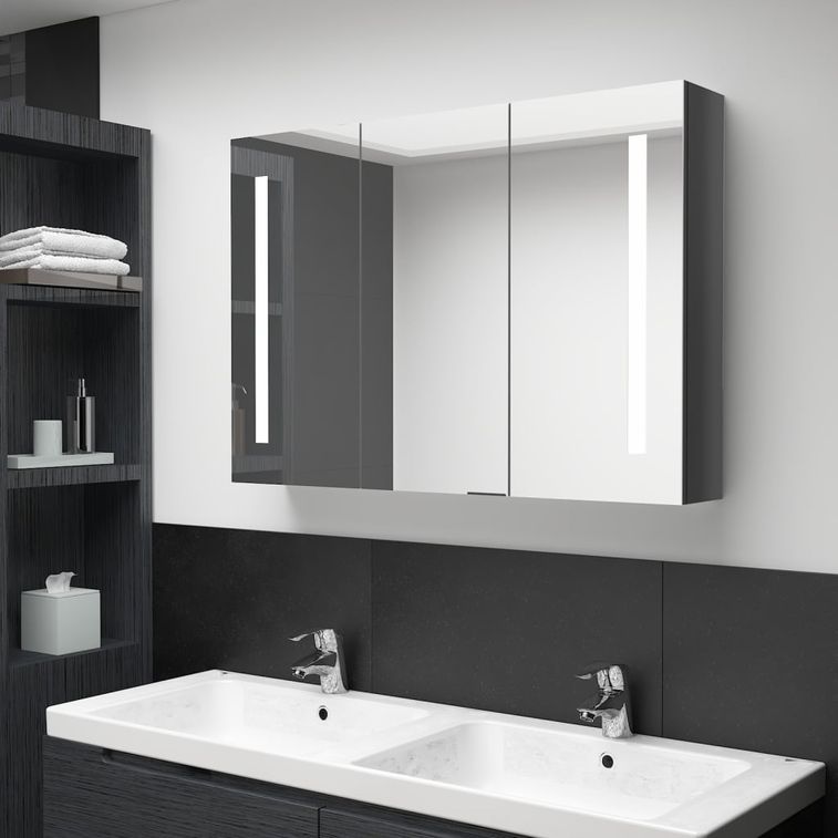 Armoire de salle de bain à miroir LED 89x14x62 cm Gris brillant - Photo n°2
