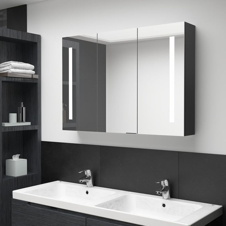 Armoire de salle de bain à miroir LED 89x14x62 cm Noir brillant - Photo n°2