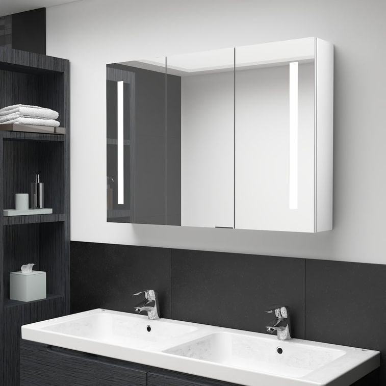 Armoire de salle de bain à miroir LED 89x14x62cm Blanc brillant - Photo n°2