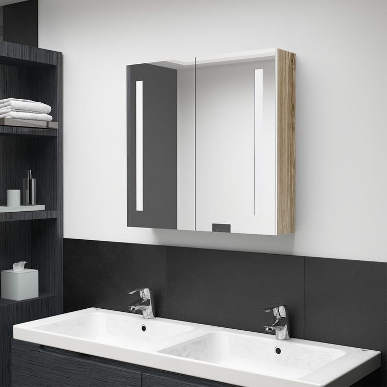 Armoire de salle de bain à miroir LED Blanc et chêne 62x14x60cm - Photo n°2