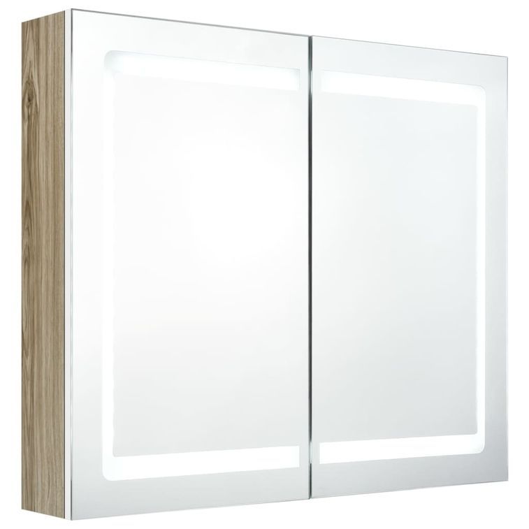 Armoire de salle de bain à miroir LED Blanc et chêne 80x12x68cm - Photo n°1