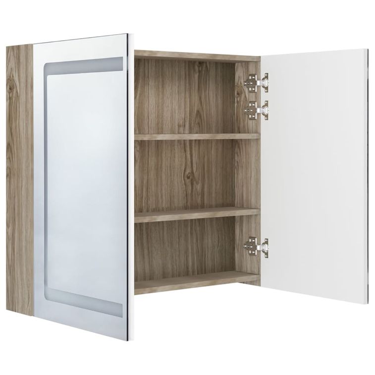 Armoire de salle de bain à miroir LED Blanc et chêne 80x12x68cm - Photo n°5