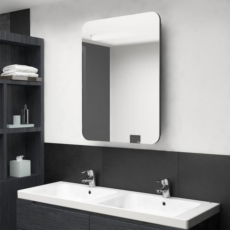 Armoire de salle de bain à miroir LED Gris 60x11x80 cm - Photo n°2