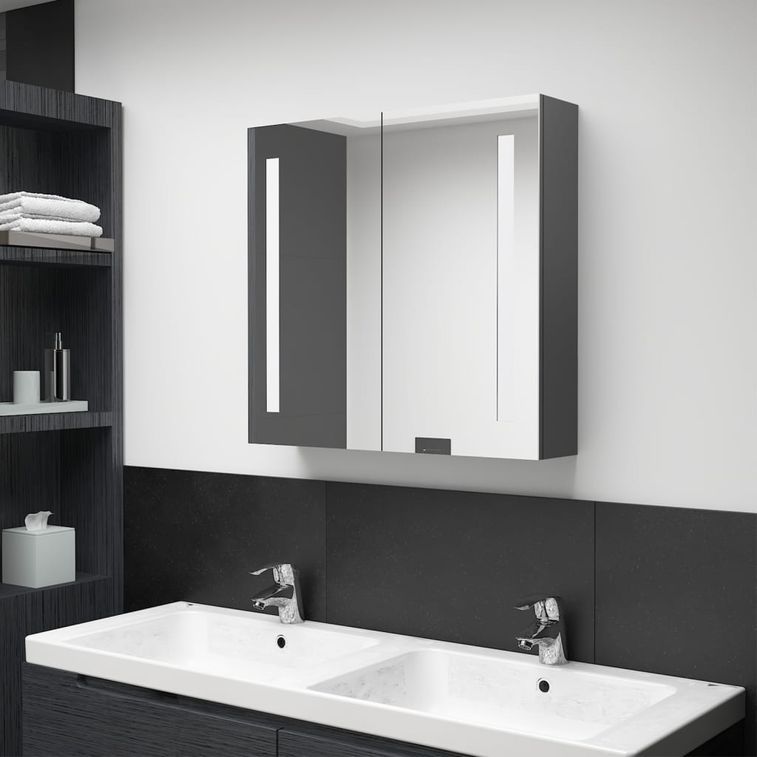 Armoire de salle de bain à miroir LED Gris 62x14x60 cm - Photo n°2