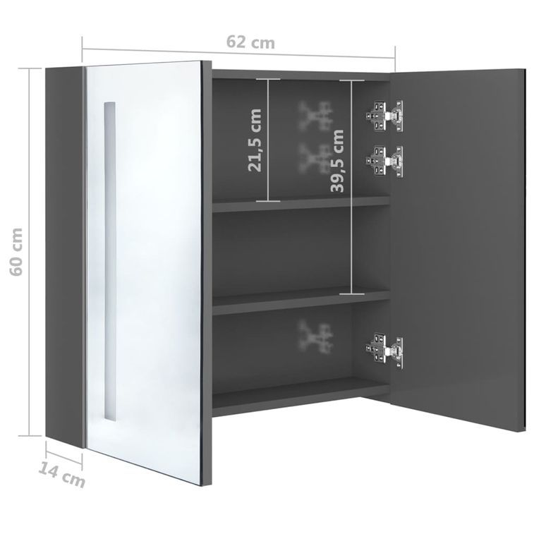 Armoire de salle de bain à miroir LED Gris brillant 62x14x60 cm - Photo n°8