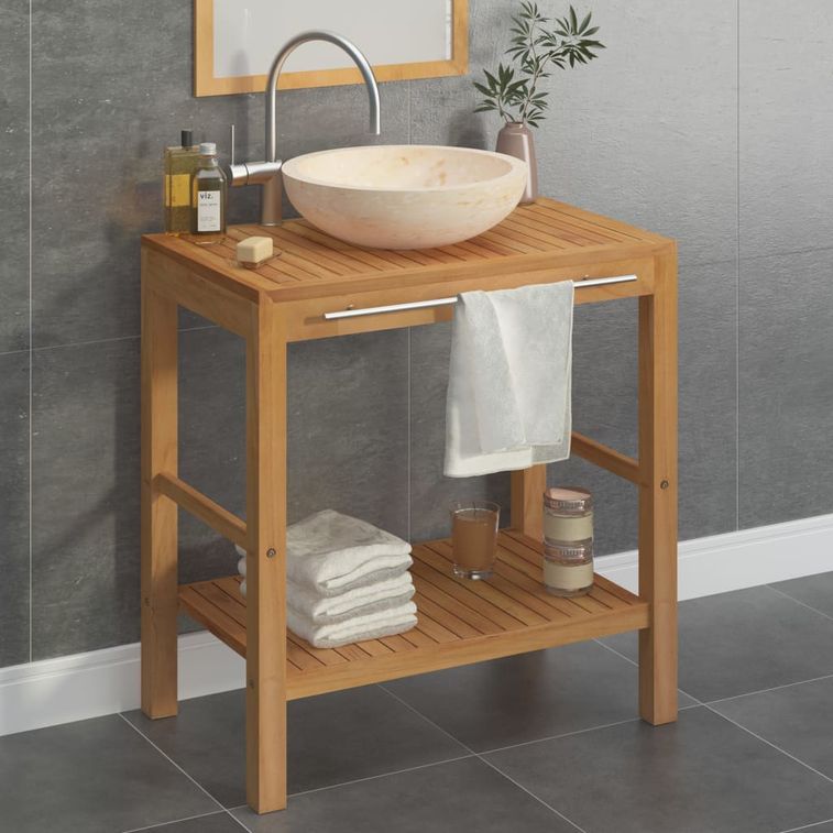 Armoire de toilette en teck solide avec lavabo en marbre Crème 3 - Photo n°2
