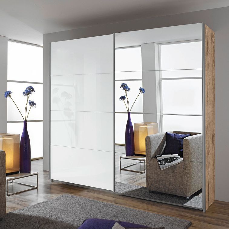 Armoire design 2 portes coulissantes verre teinté blanc et miroir et chêne clair Sanremo Luxia - Photo n°2