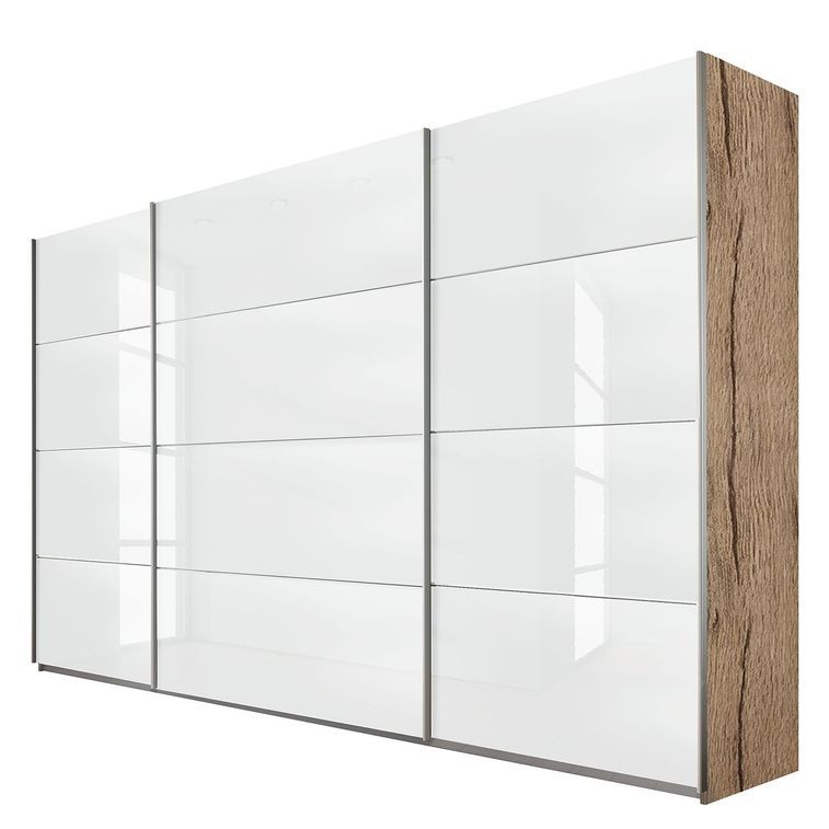 Armoire design 3 portes coulissantes 315 verre teinté blanc et chêne clair Sanremo Luxia - Photo n°1