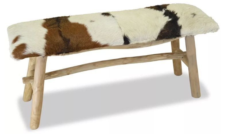 Banc assise peau de chèvre et pieds teck massif Pua 100 cm - Photo n°1