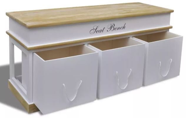 Banc avec rangement 3 tiroirs bois massif clair et blanc Tona - Photo n°3