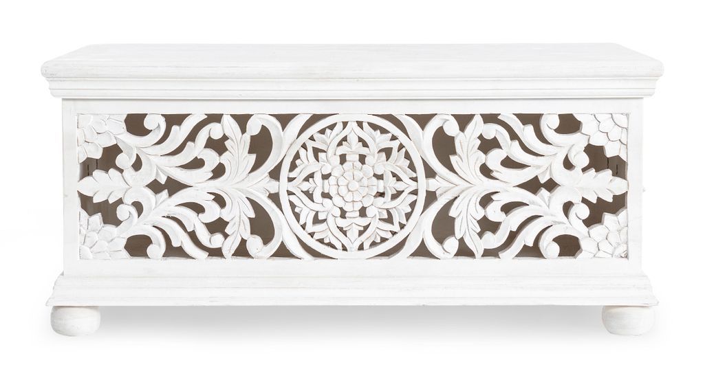 Banc coffre artisanal bois massif blanc Nina 100 cm - Photo n°1