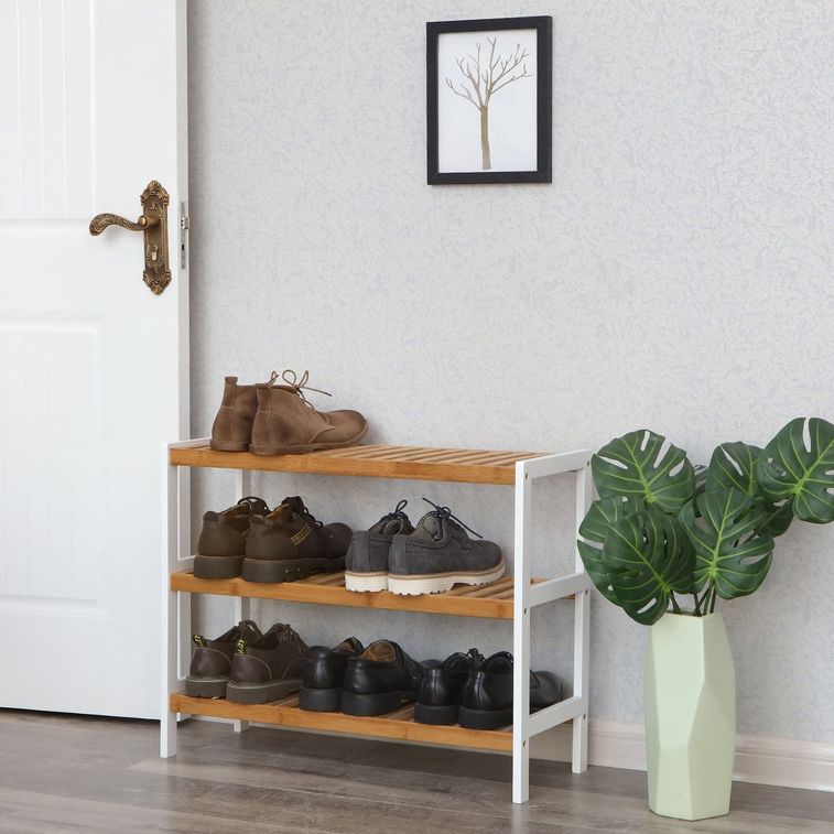 Banc meuble à chaussures bambou naturel et blanc 3 niveaux 70 cm - Photo n°8