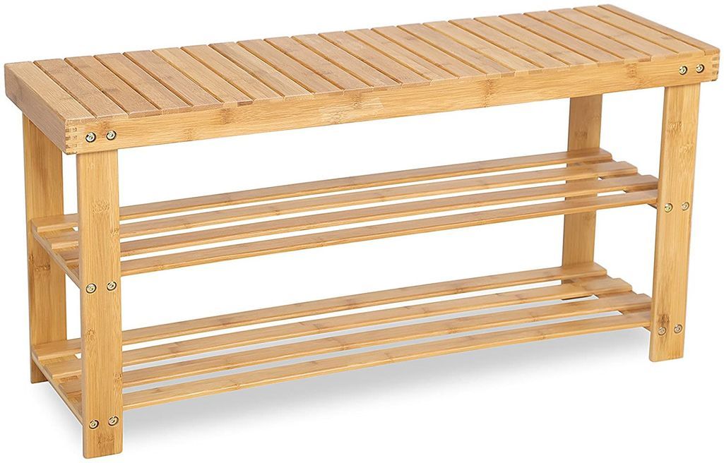 Banc meuble à rangement bambou naturel 3 niveaux 90 cm - Photo n°1