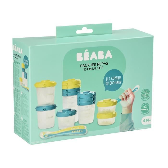 BEABA Pack 1er repas, 12 Portions Conservation et 2 Cuilleres Silicone, Pots empilables et clipsables, Bleu/neon - Photo n°4