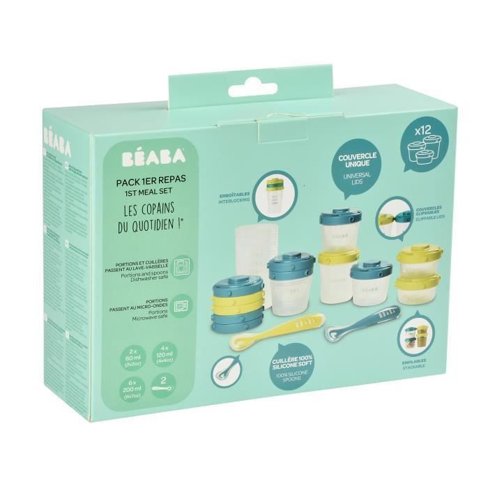 BEABA Pack 1er repas, 12 Portions Conservation et 2 Cuilleres Silicone, Pots empilables et clipsables, Bleu/neon - Photo n°5