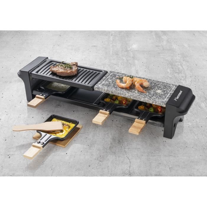 Bestron Appareil a raclette pour 4 personnes, barbecue de table électrique avec 4 poelons, 4 spatules en bois et 4 soucoupes, Noir - Photo n°3