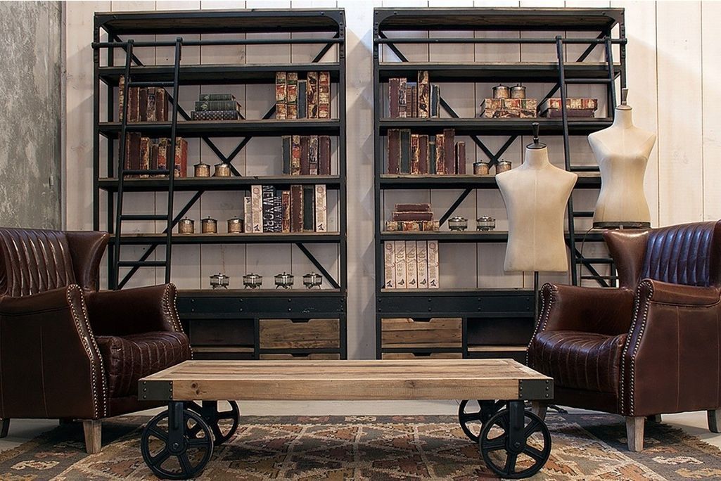 Bibliothèque industrielle avec échelle bois de Pin massif et acier noir Stone 160 cm - Photo n°6