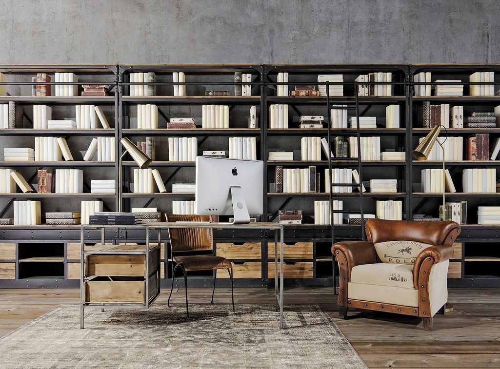 Bibliothèque industrielle avec échelle bois de Pin massif et acier noir Stone 160 cm - Photo n°8
